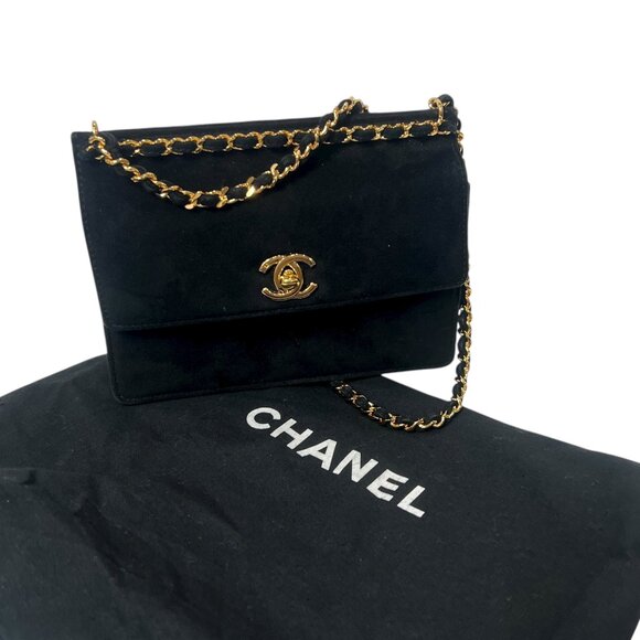 CHANEL Black Suede '96-'97 Gold Turn-Lock Mini Chain Strap Crossbody - Picture 2 of 11